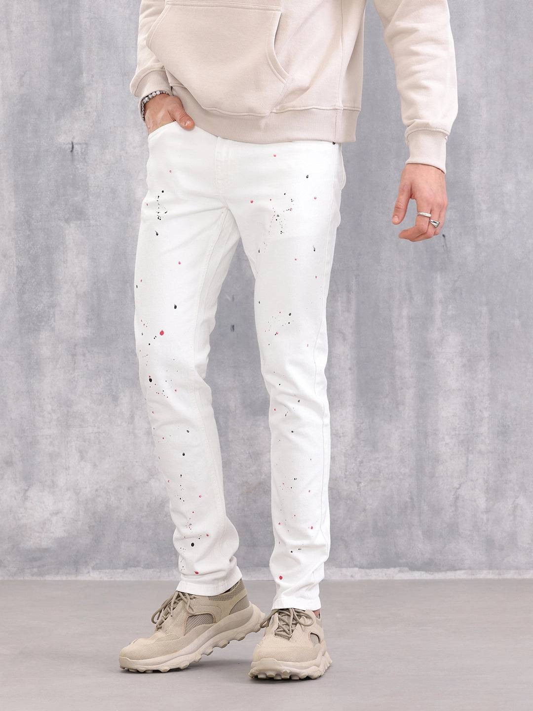 Slim Fit Paint Splash Jeans | White