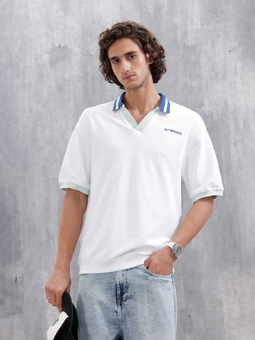 Oversized Johnny Collar Polo T-Shirt With Contrast Collar | White