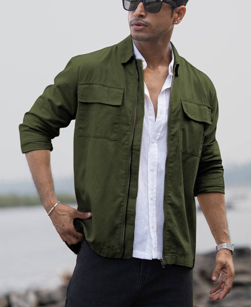 Olive Structured Zipper Overshirt Buy @ ₹1499