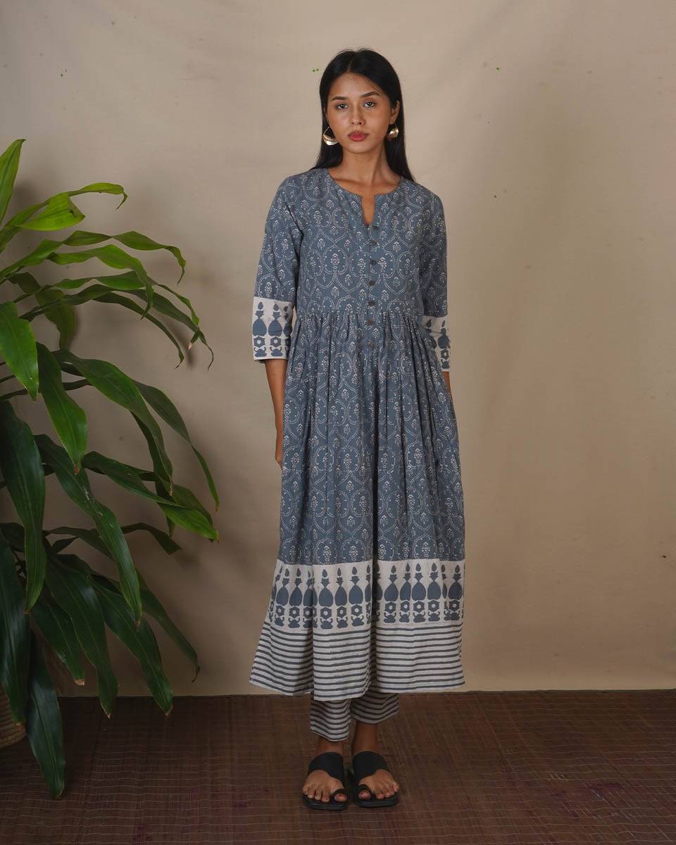 Hollow Dusk Grey Block Printed Kurta Set - BMS