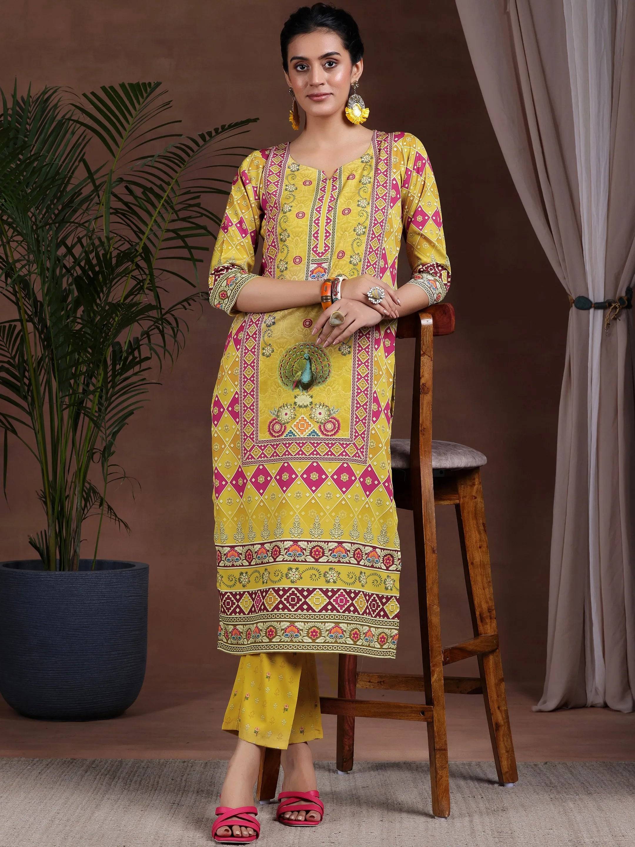 Mustard Printed Poly Crepe Straight Kur... Buy only at ₹2499