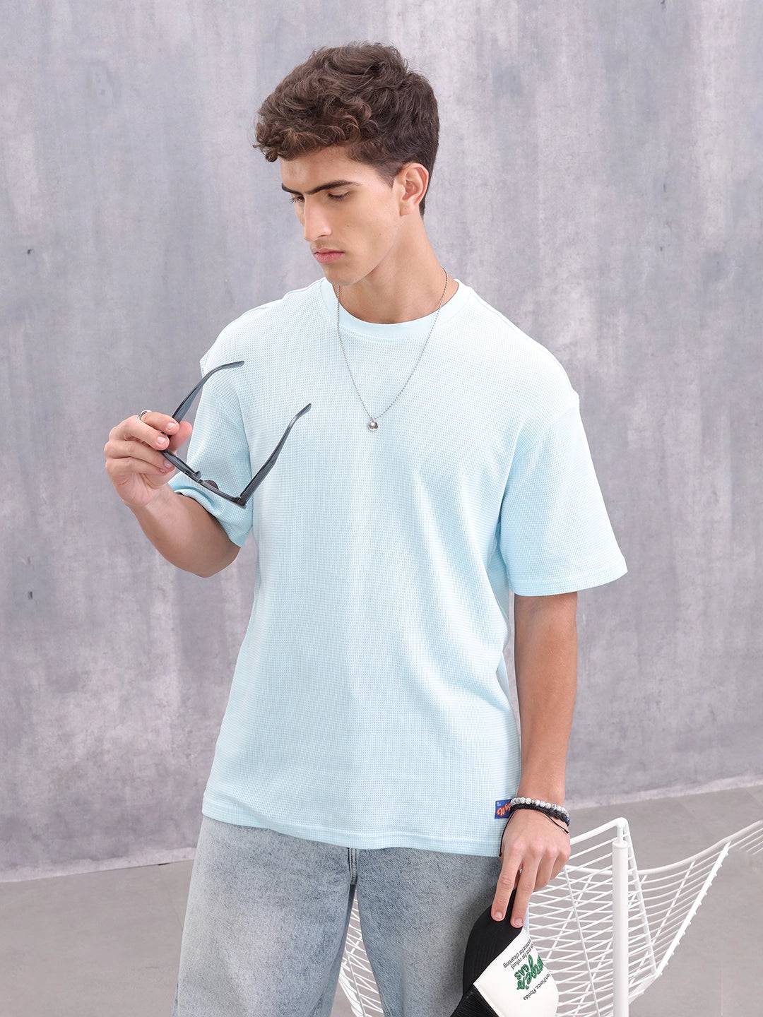 Waffle Textured Clean Look Oversized Fit T-shirt | Light Blue