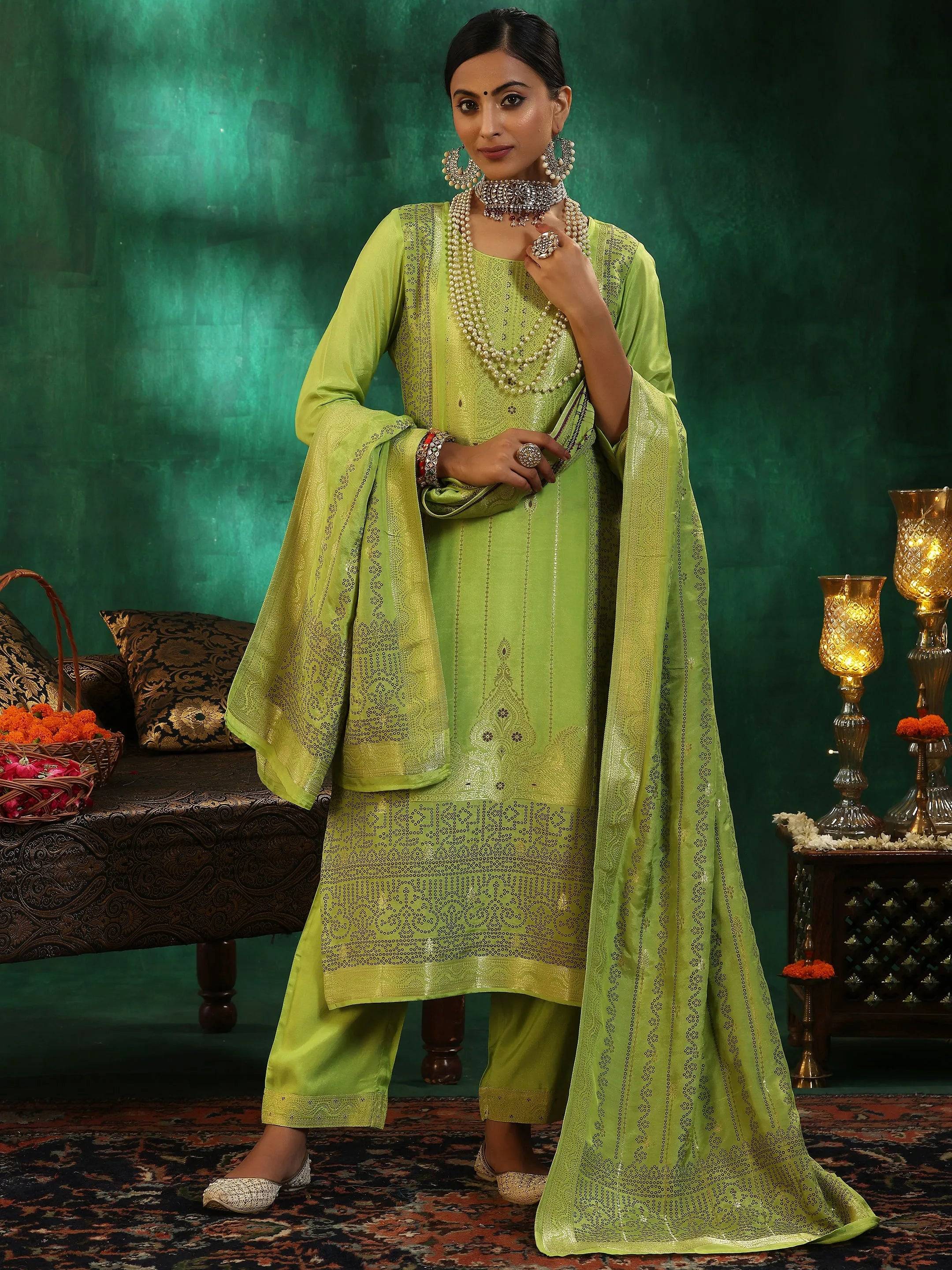 Green Woven Design Silk Blend Straight ... Buy only at ₹6999