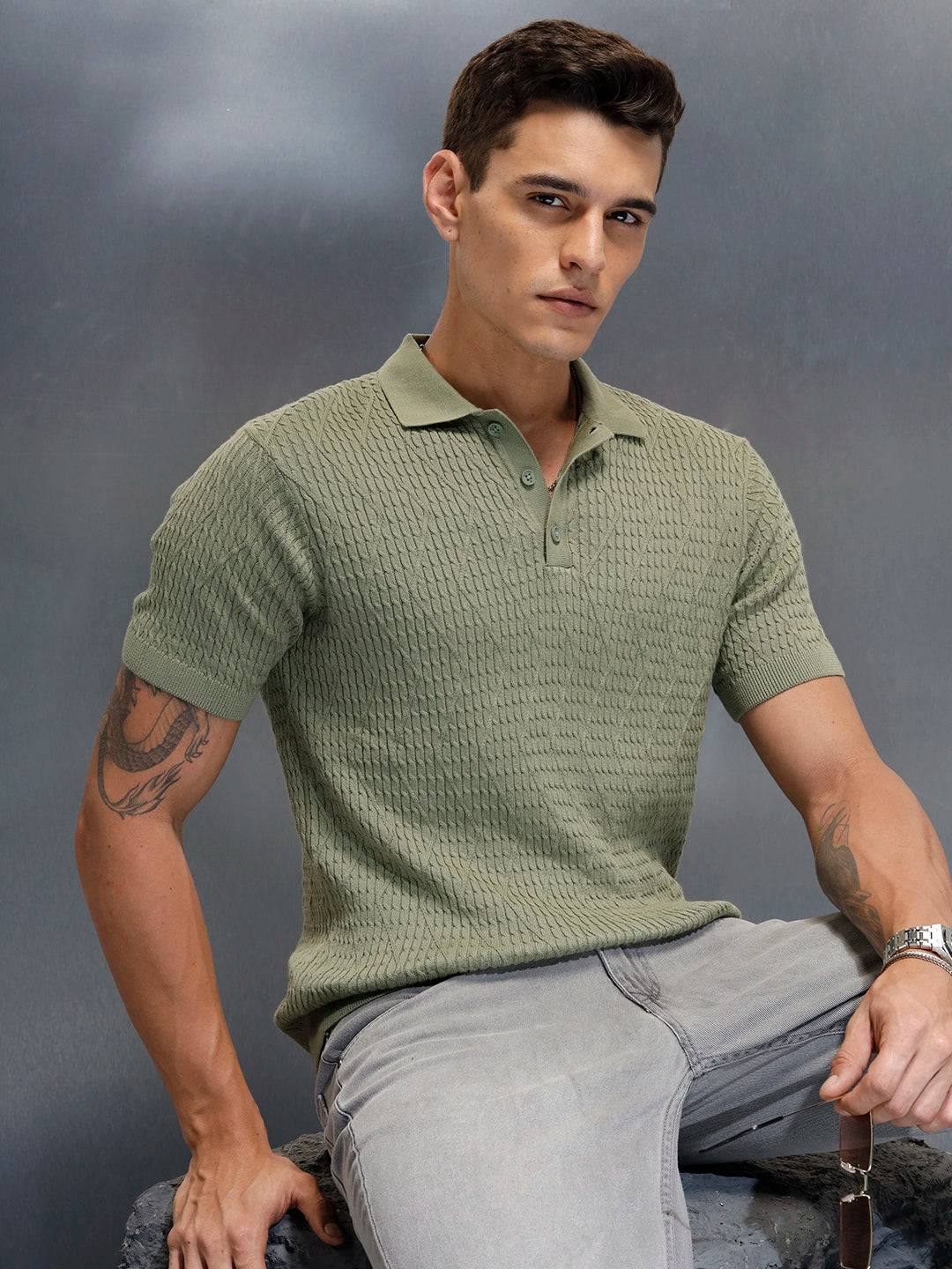 Textured Knit slim fit Polo T-shirt | Olive