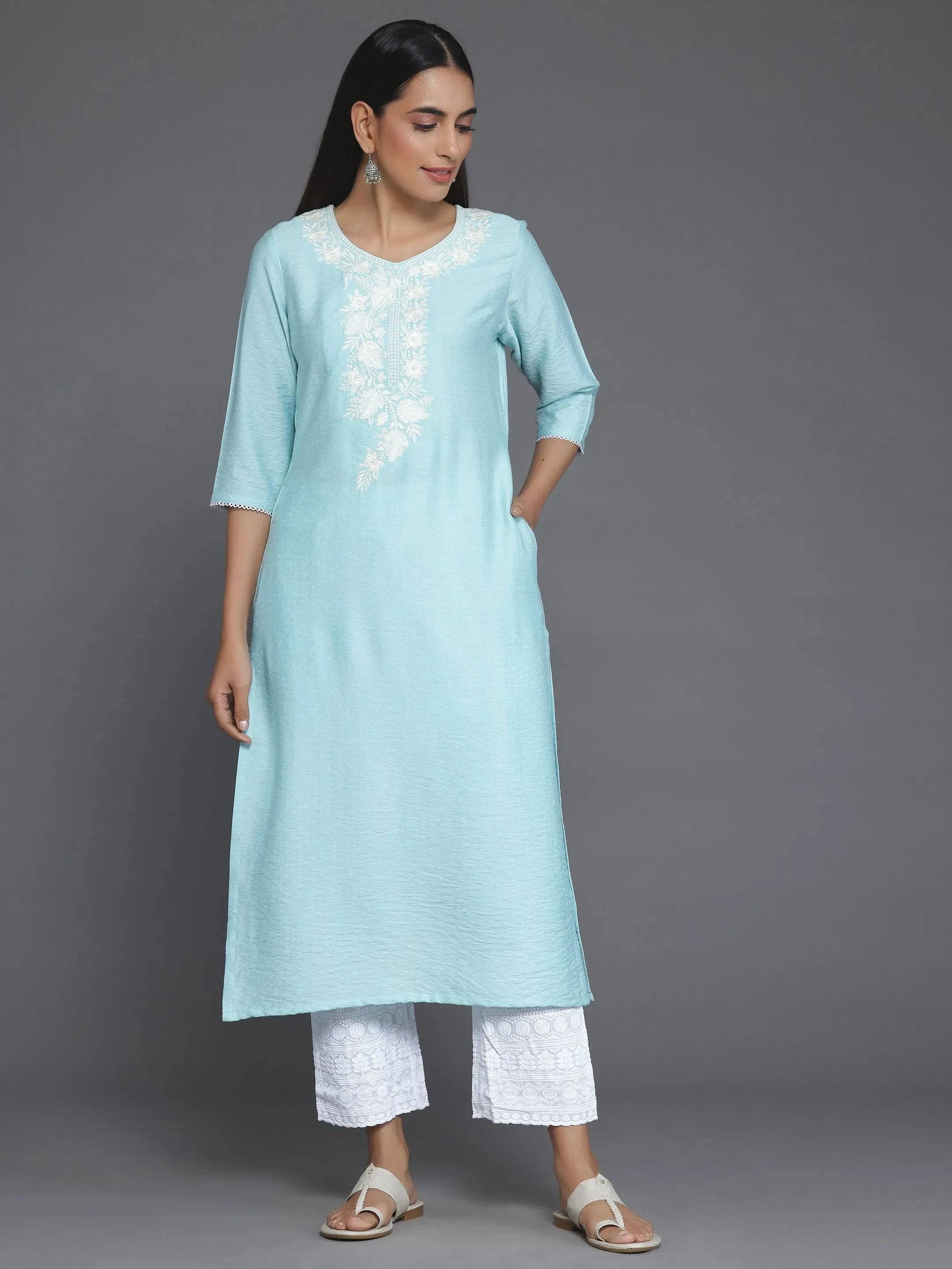 Blue Yoke Design Silk Straight Kurta