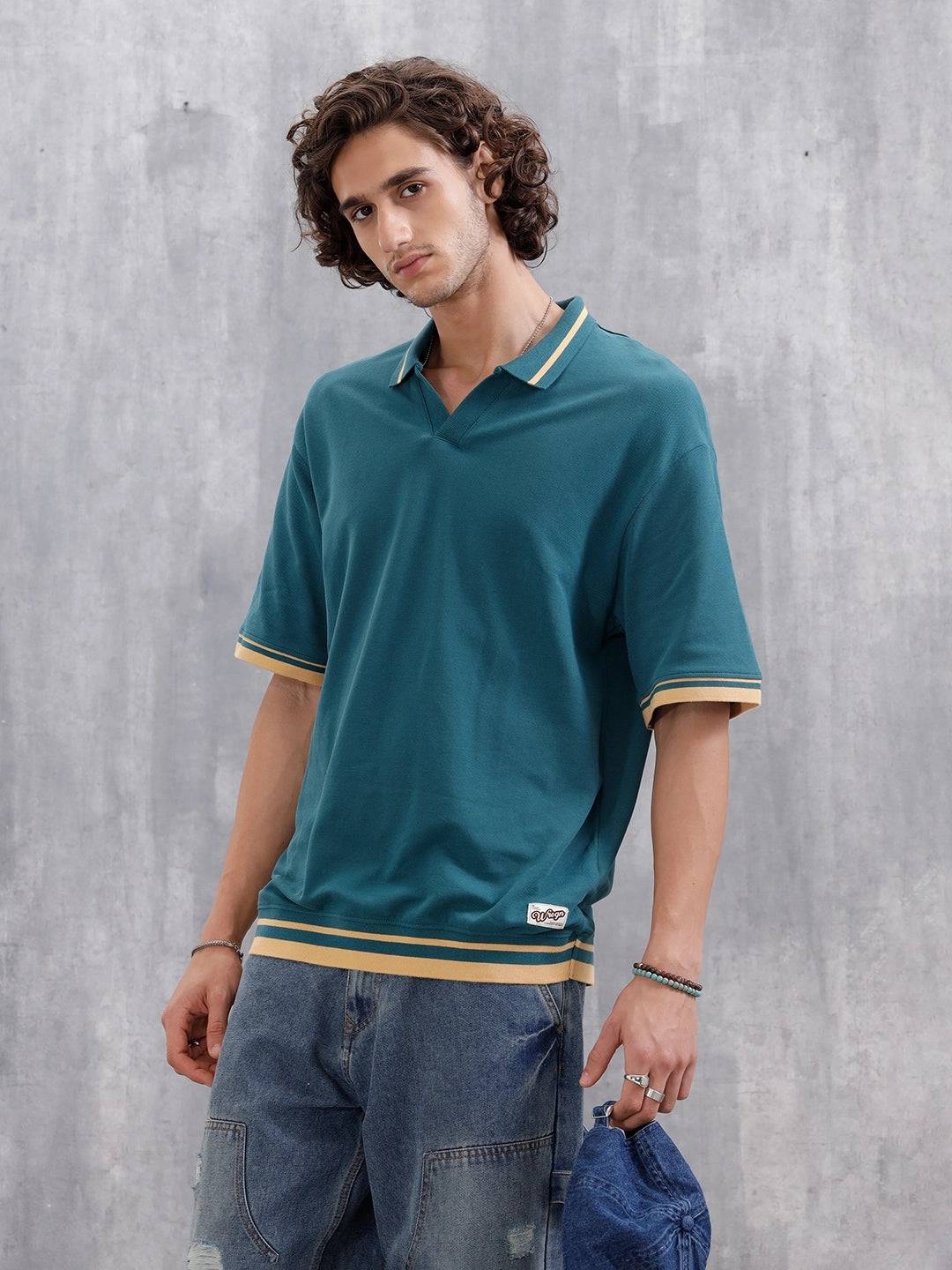 Oversized Polo T-Shirt With Contrast Trim Details | Teal