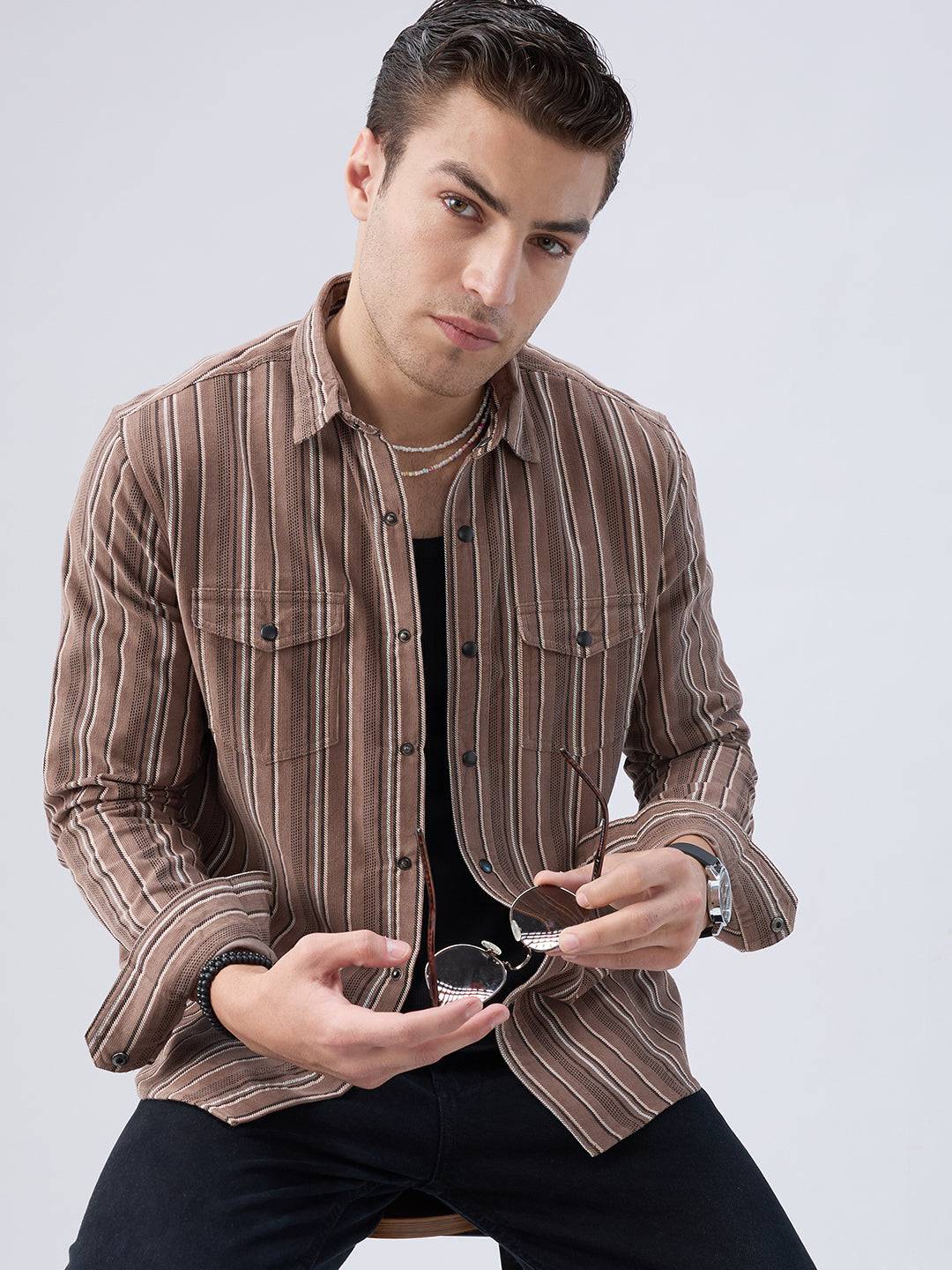 Rustic Bark Brown Multi-Stripe Twin Pocket Corduroy Shirt Buy only at ₹899