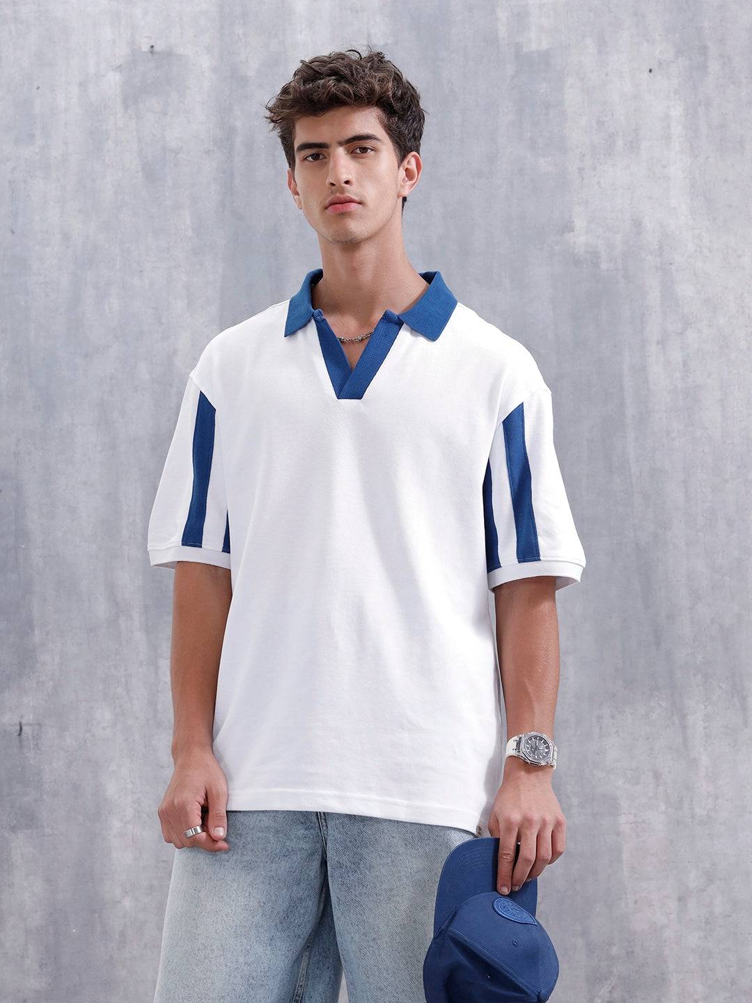 Oversized Johnny Collar Sporty Polo T-Shirt | White