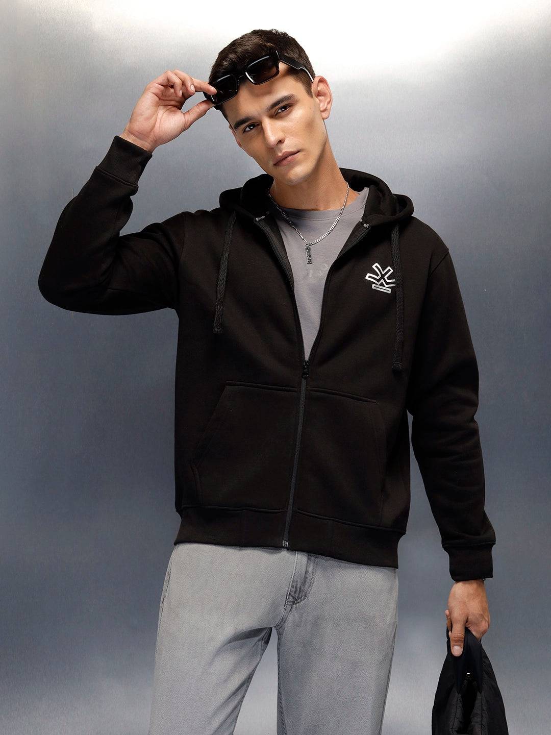 men's casual front zip up hooded sweatshirt | Black