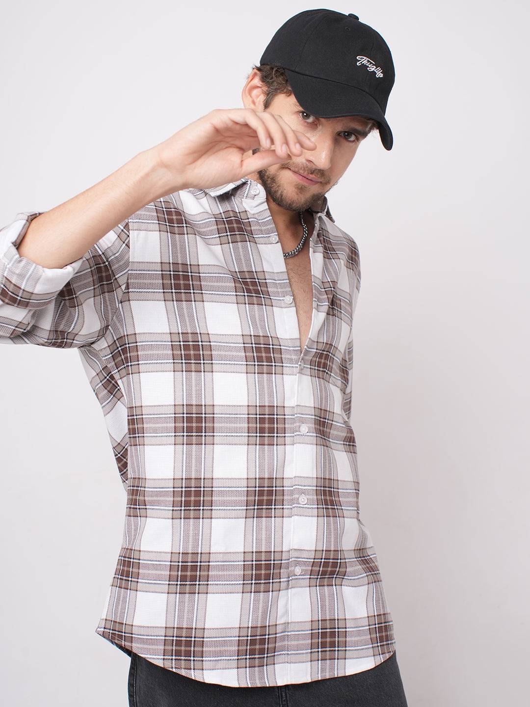 White & Umber Brown Bespoke Checks Shirt Buy only at ₹759
