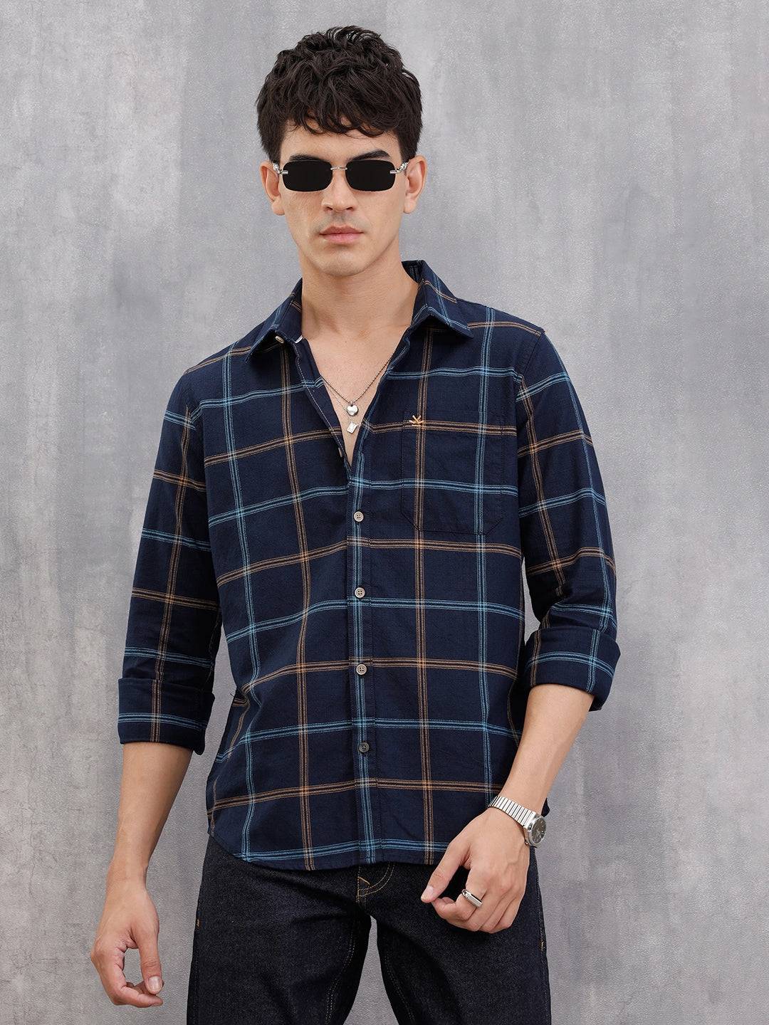 Textured Notebook Check Shirt In Slim Fit  | Navy Blue