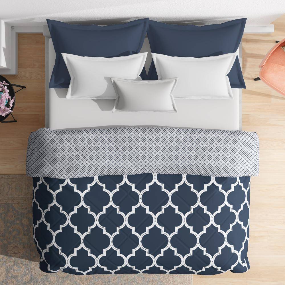 Luxurious Comforter | Double Bed (100x90 Inch) | 100% Cotton Fabric | 220 GSM | Siliconised Microfiber Filling | All Season & Reversible | Dark Blue & White