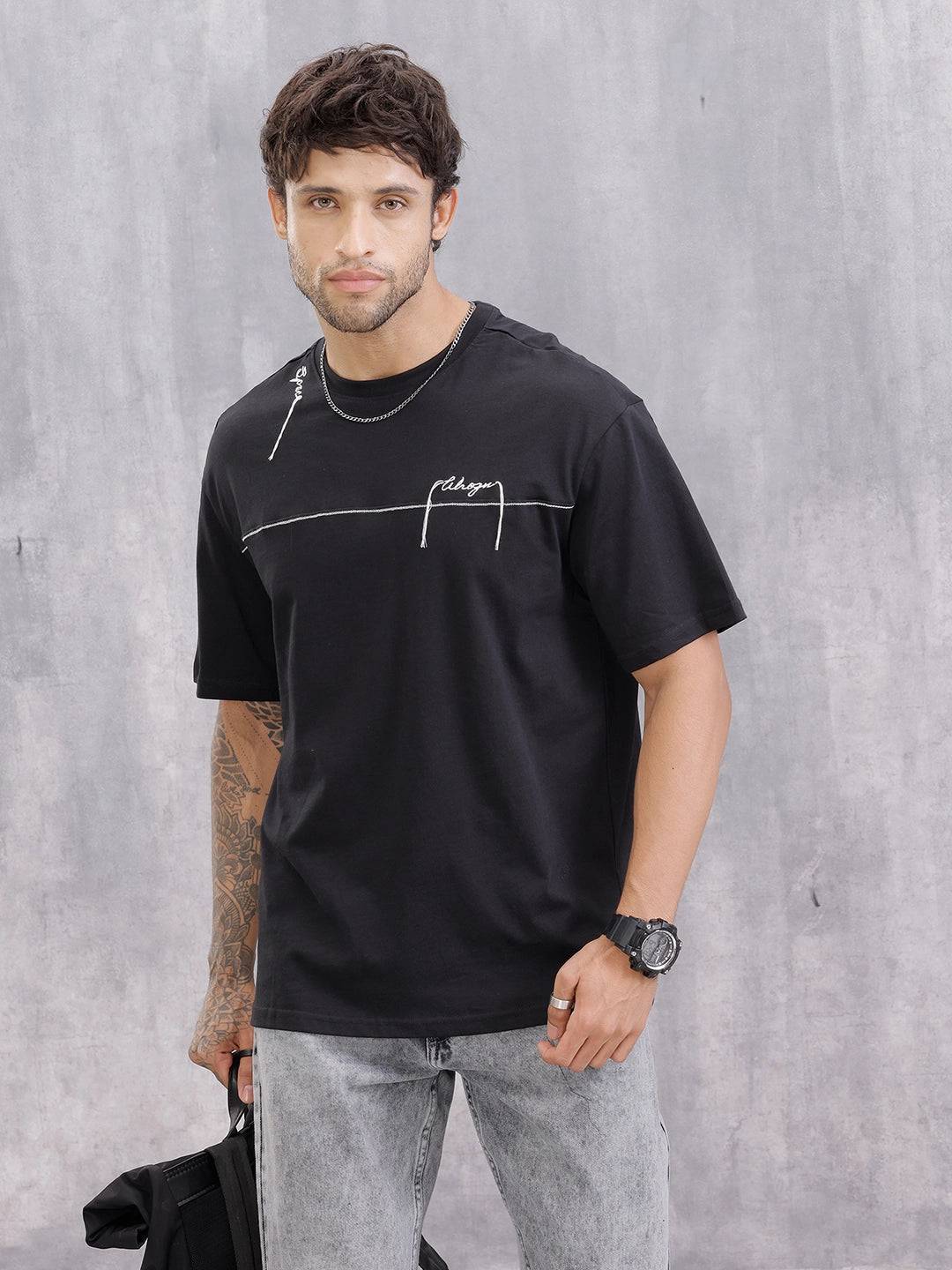 Casual Look Oversized Fit T-shirt With Embroidery And Chain Stitch Detail | Black