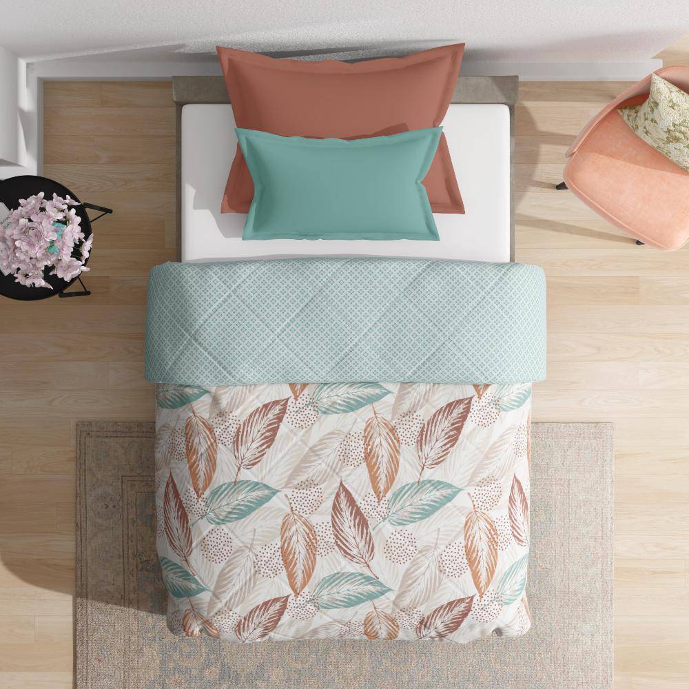 Luxurious Comforter | Single Bed (90x60 Inch) | 100% Cotton Fabric | 120 GSM | Siliconised Microfiber Filling | All Season & Reversible | Light Green & Orange