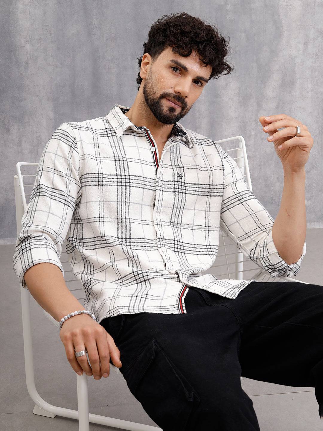 Soft Hand Brushed Check Shirt In Crepe Yarn | White
