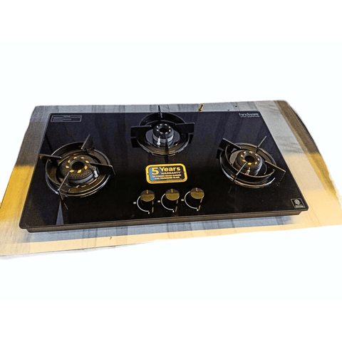 Hindware Cooktop, CORAL 3B AI, 3 Burner 75 cm Manual Glass Top Stainless Steel Burners 2 Medium + 1 small Gas Stove (Black) Buy at only ₹12199