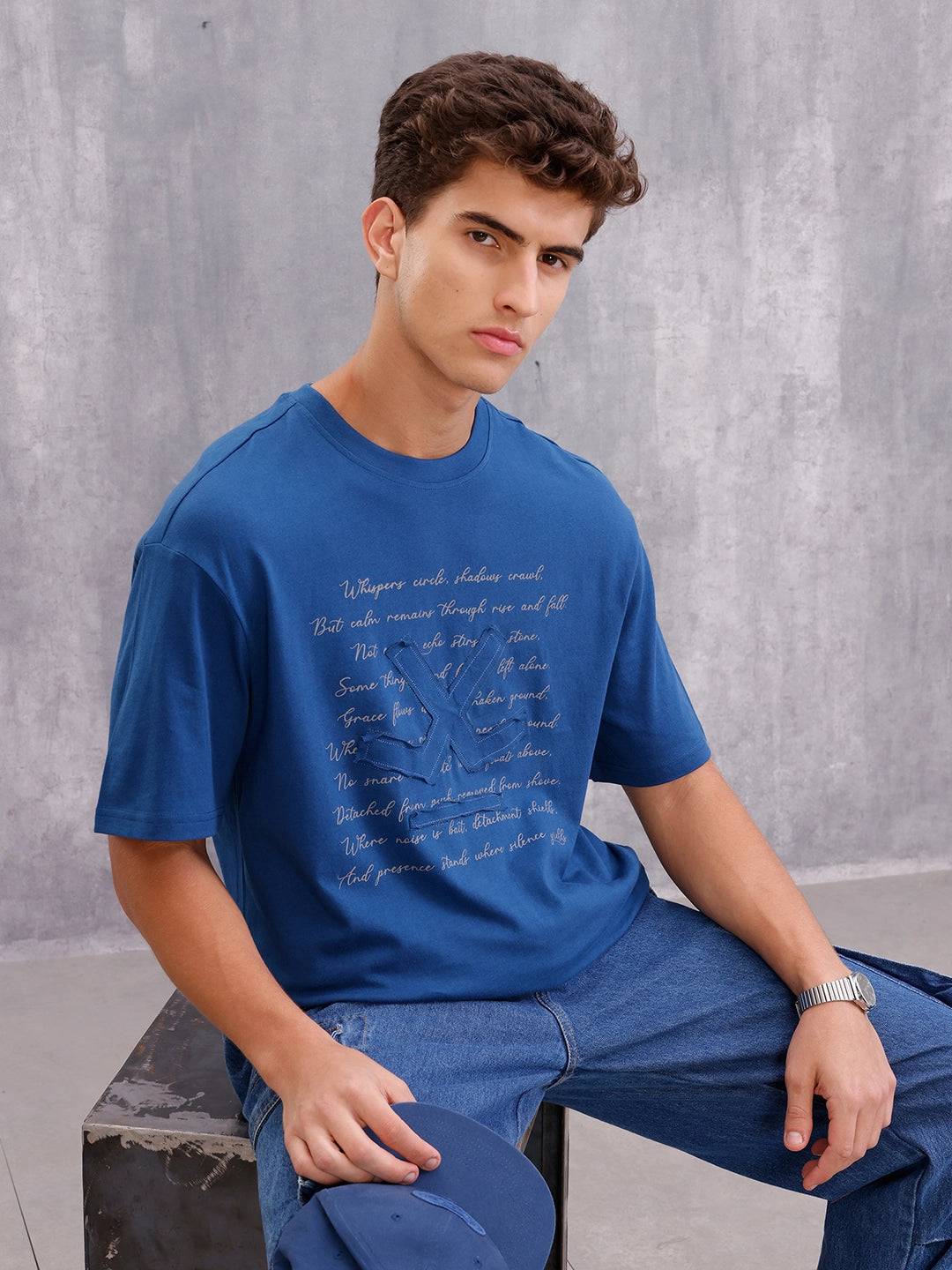 Graphic Printed Oversized Fit Brand Logo Embroidered T-shirt | Blue