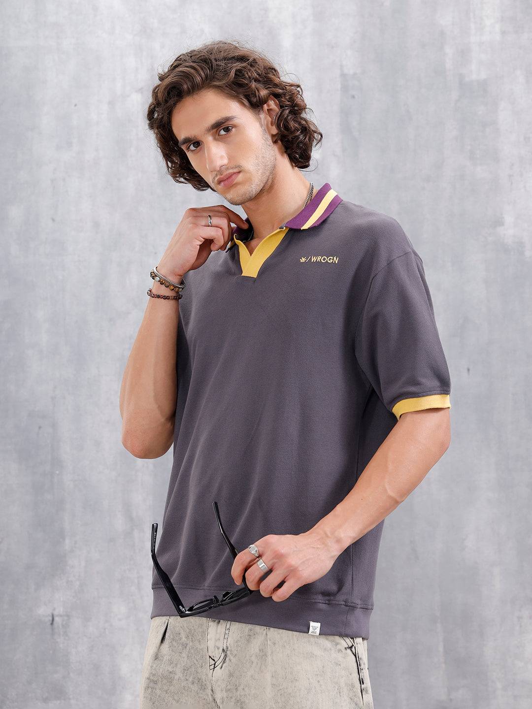 Oversized Johnny Collar Polo T-Shirt With Contrast Collar | Dark Grey