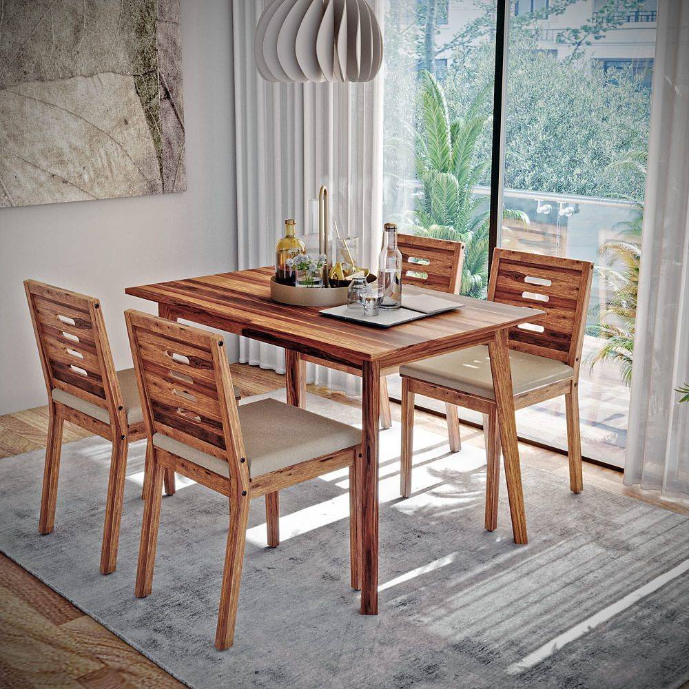 Simsim-Ginamon (4 seater) (with Cushion-Omega Pearl)-Natural Sheesham Wood Dining Set