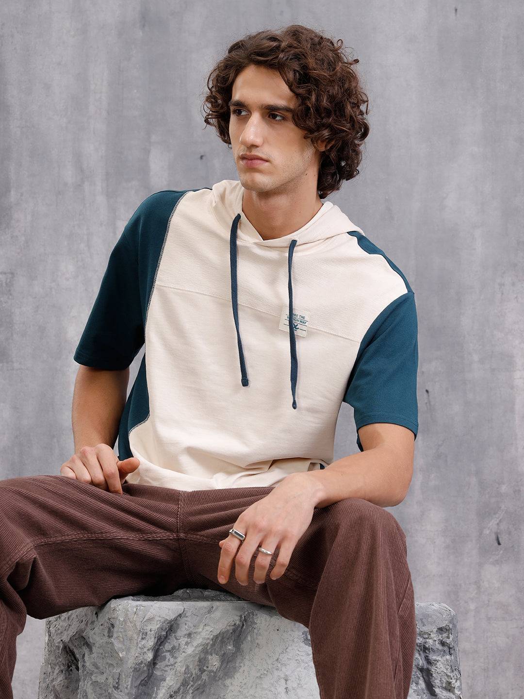 Asymmetrical Colorblocked Textured Hoodie With Printed Canvas Patch | Teal
