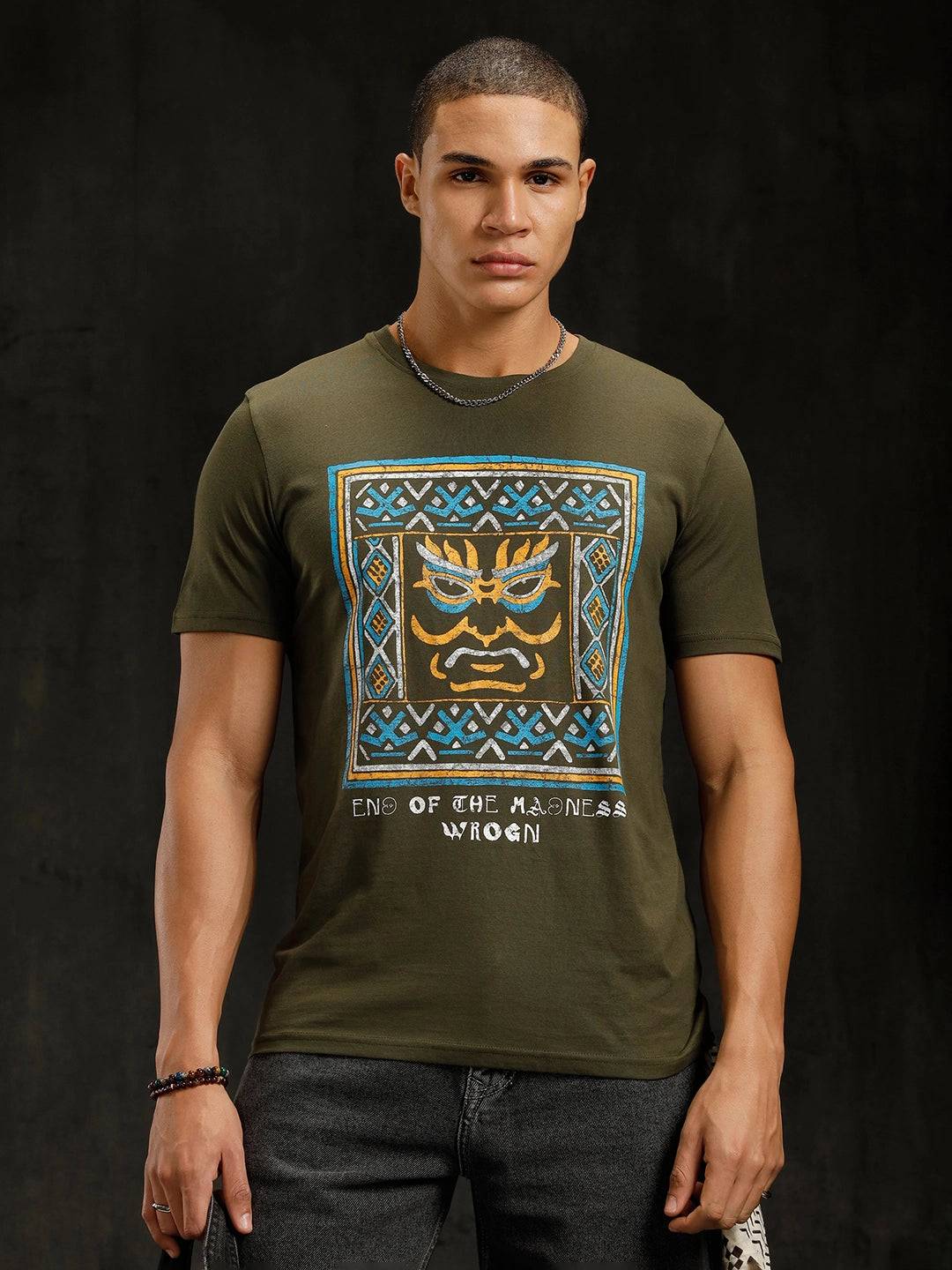 Mythical Faces Printed T-Shirt | Olive