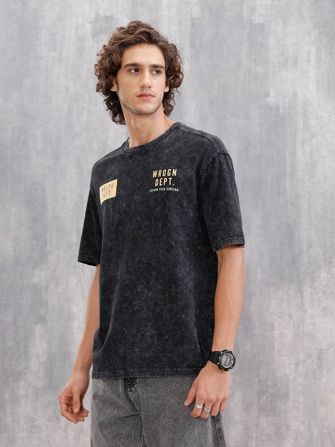 Acid Wash Oversized Fit Tshirt With Print |  Black