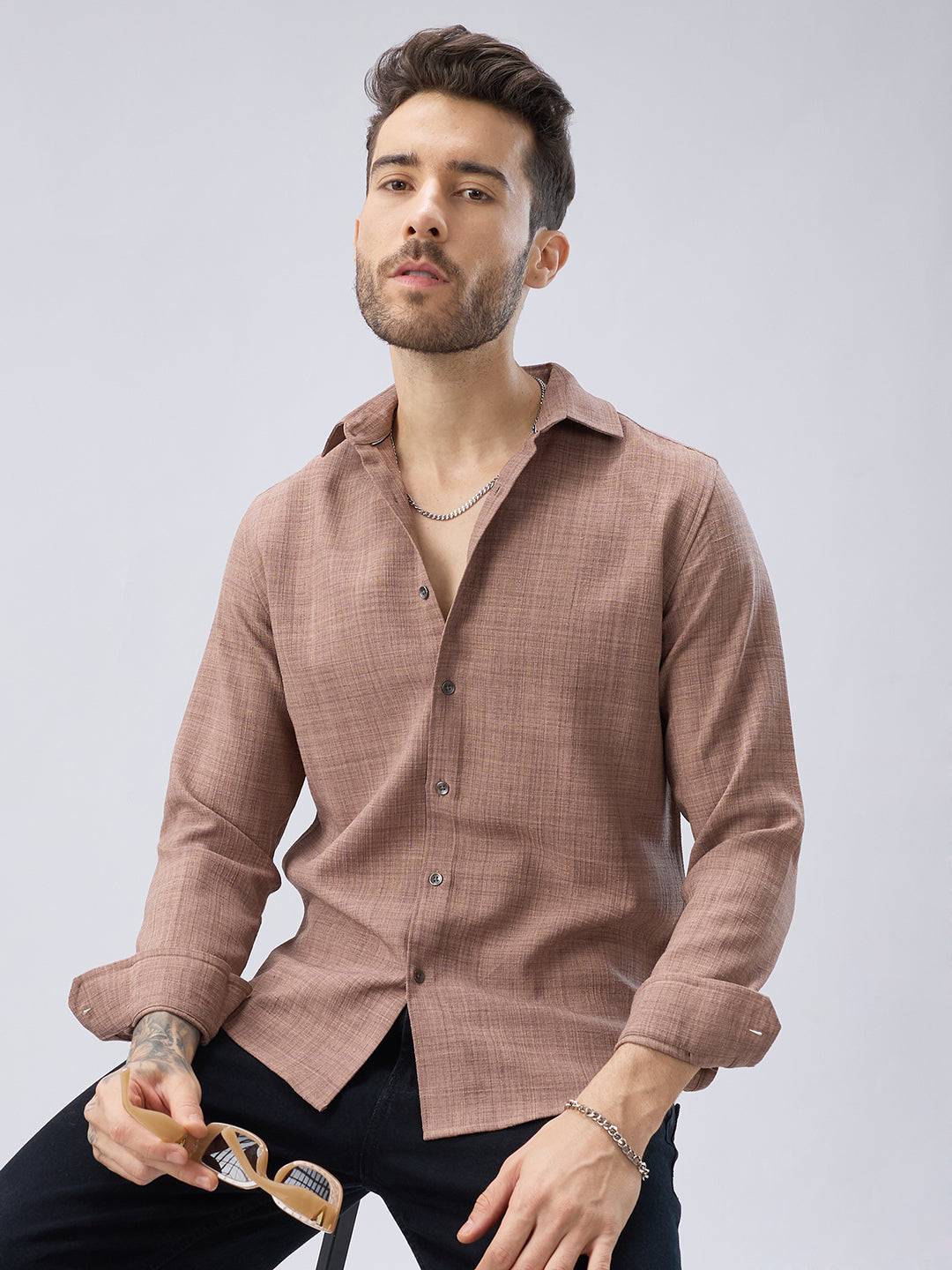 Walnut Brown Subtle Weave Textured Shirt Buy only at ₹699