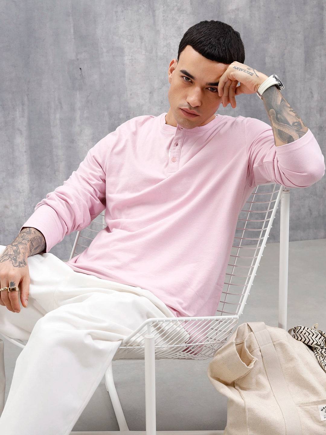 Wrogn Classic Henley T-Shirt For Men's | Pink