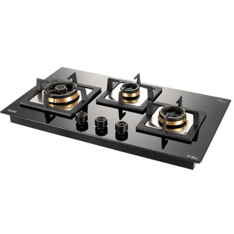 Glen Hob, 1073 SQ HT DB TR, 3 burner 73 cm Auto Electric Ignition Matt Finish Brass Burners 1 Medium +1 Small + 1 High Gas Stove (Black) Buy at only ₹25999