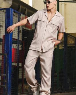 Champagne Beige Linen Casual Relaxed Fit Short Sleeve Shirt & Gurkha Pants Co-Ord Set