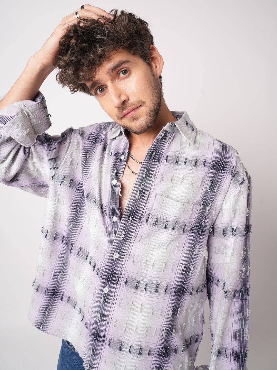 Dusky Lavender Plaid Checks Boxy Fit Frayed Crop Shirt Buy only at ₹759