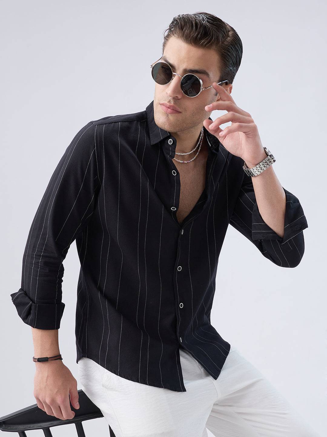 Black Contrast Stitch Vertical Striped Shirt Buy only at ₹799