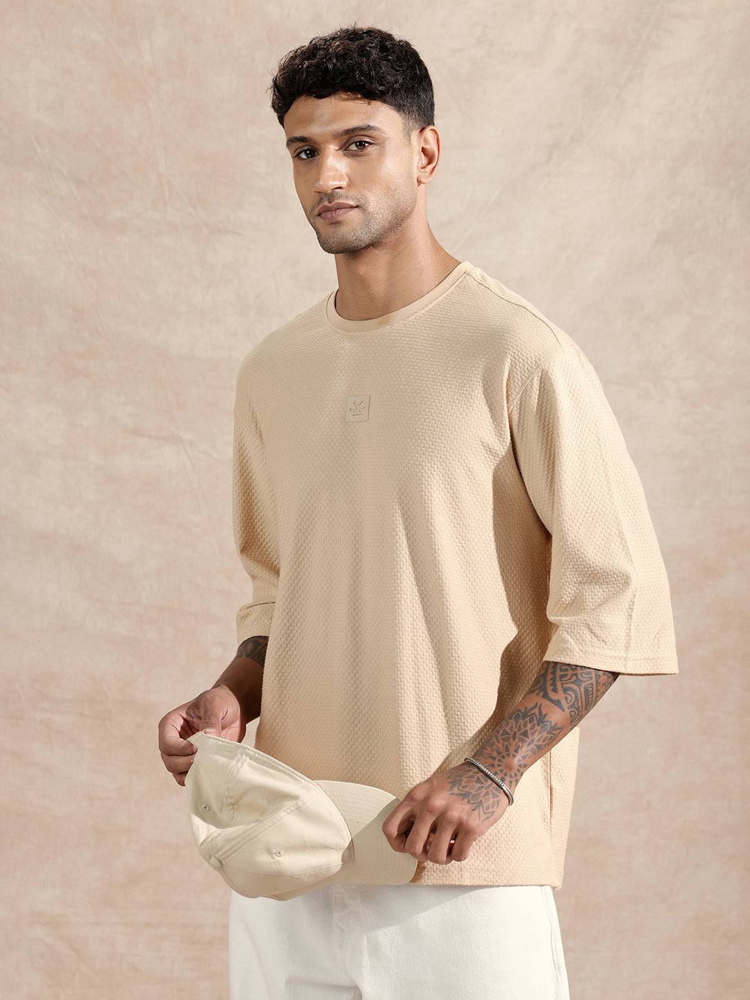 3/4th Sleeve Textured T-Shirt | Beige