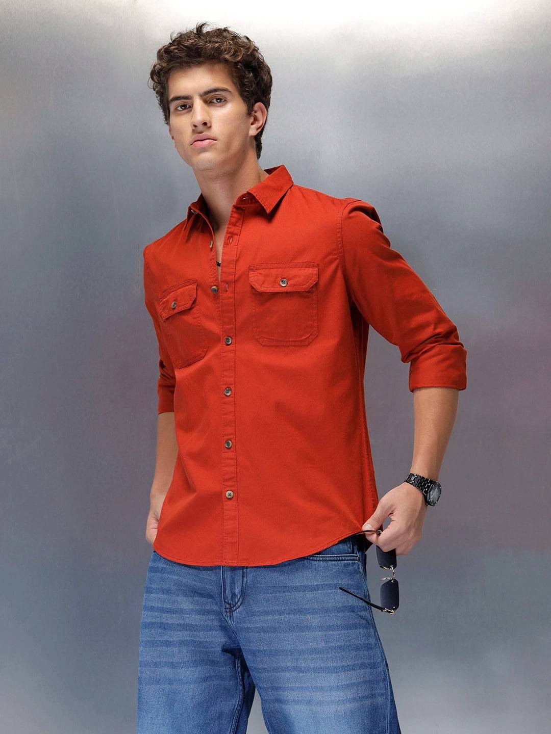 men's casual slim fit double pocket shirt | Rust