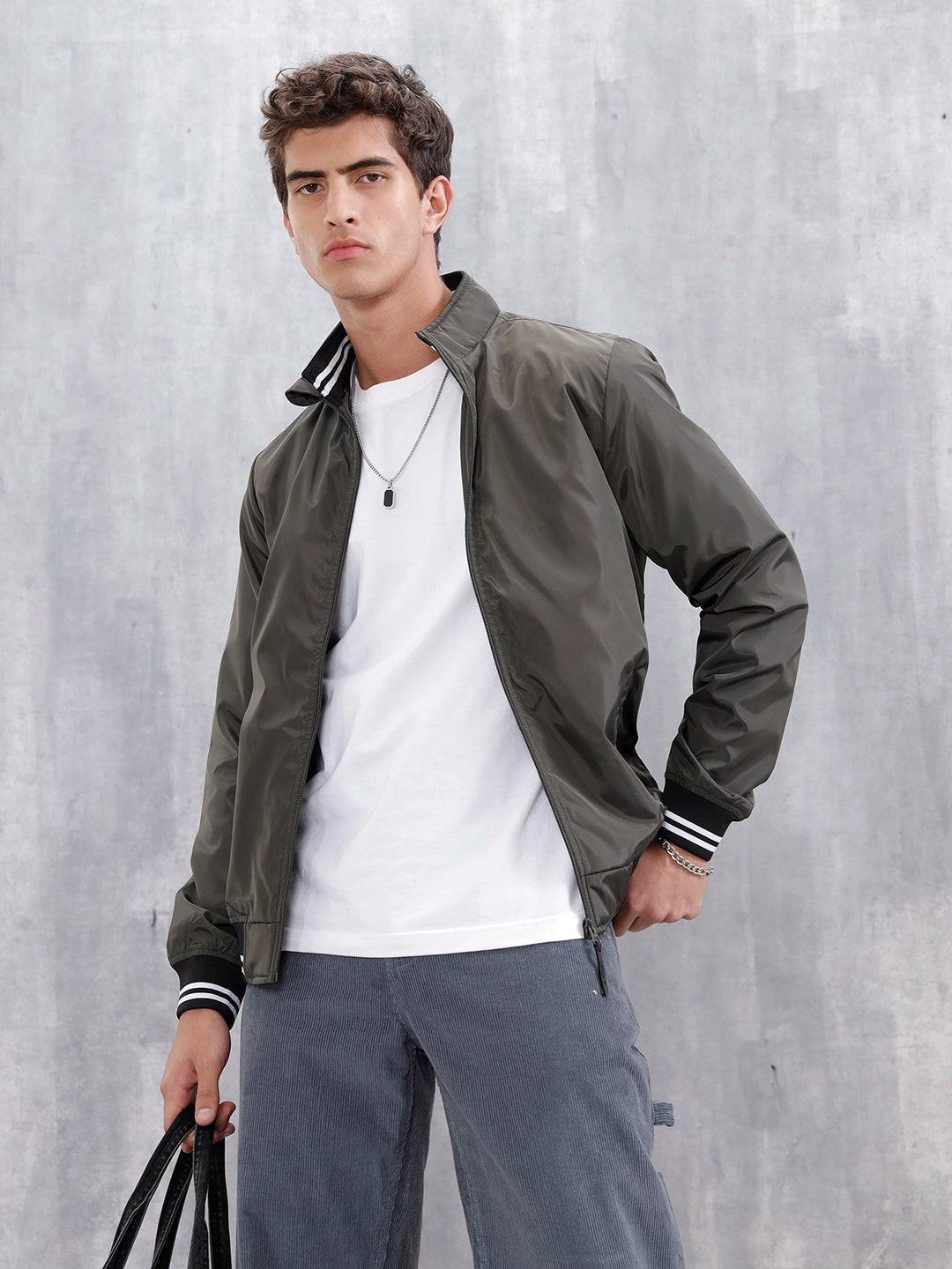 Men's Casual Zip-Up Jacket With Contrast Trim | Green