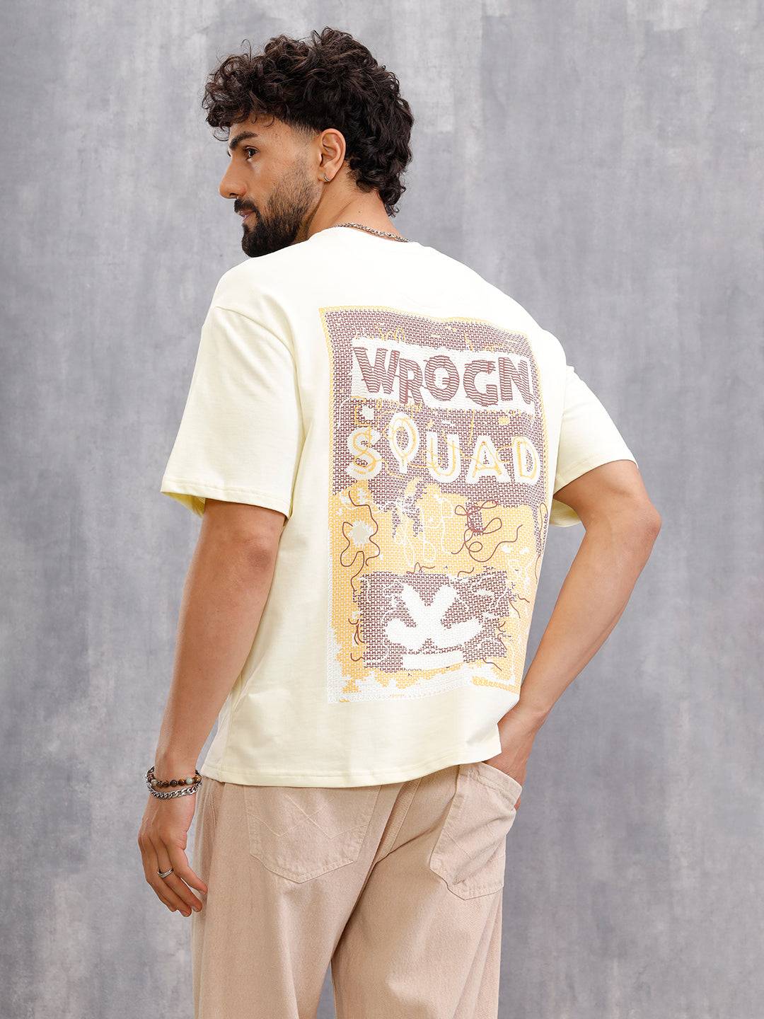 Frayed Yarn Look "Wrogn Squad" Oversized Back Print Crew Neck T-Shirt | Yellow