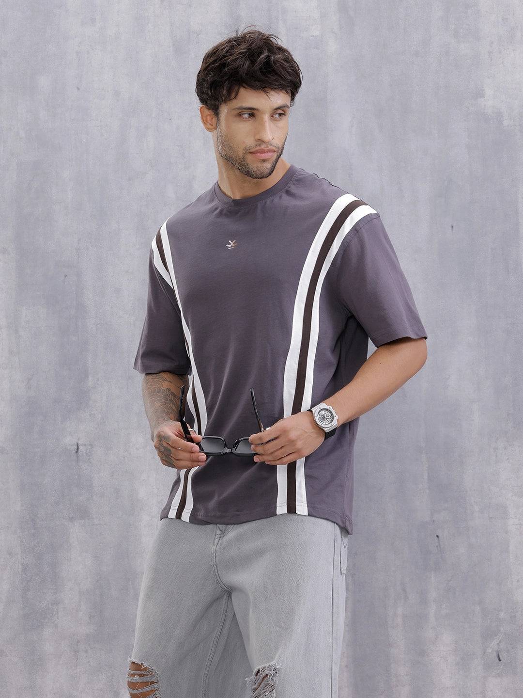 Contrast Cut&Sew Detail Sporty Look Oversized Fit T-shirt | Dark Grey