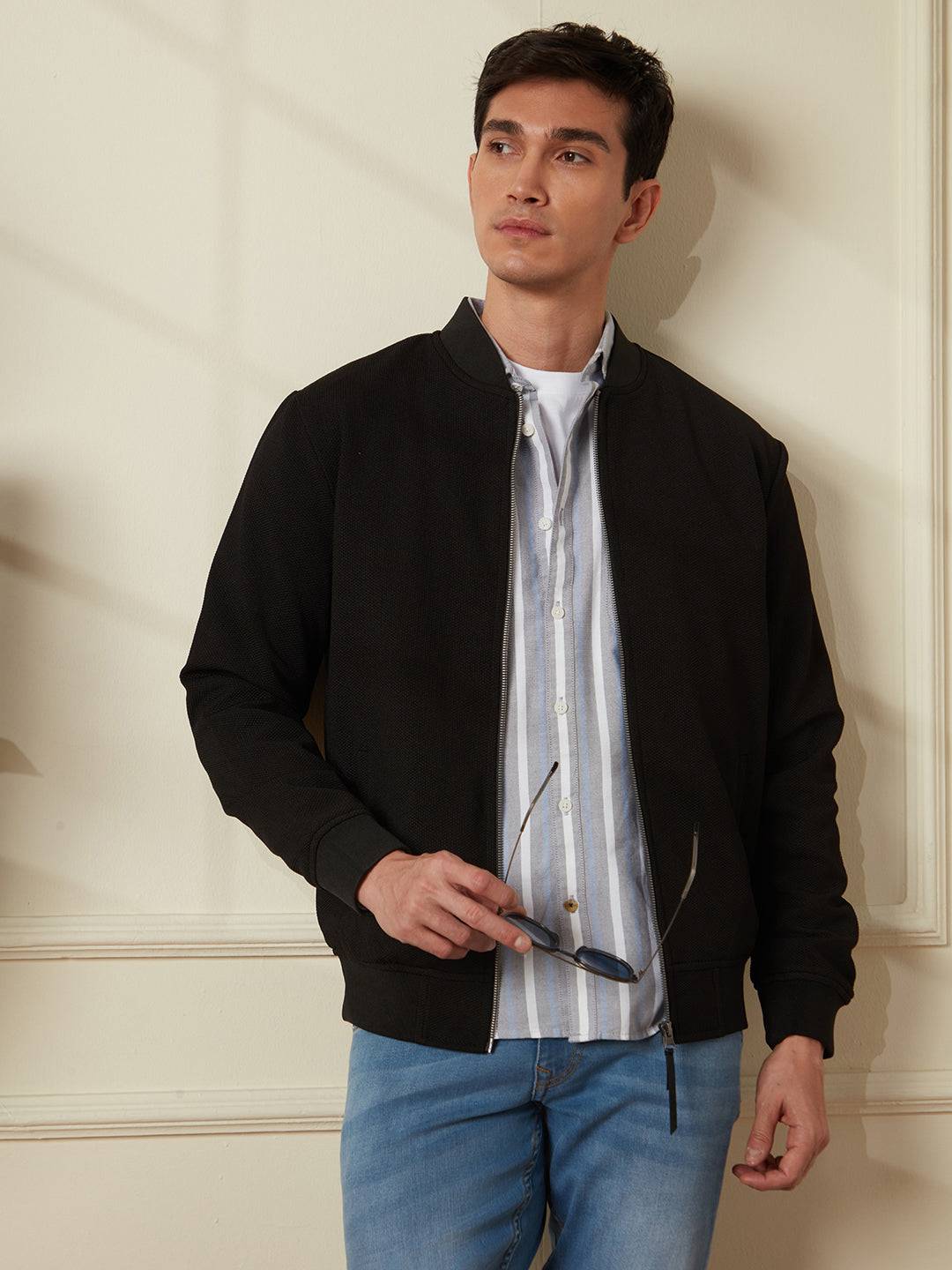 Solid Casual Black Bomber Jacket