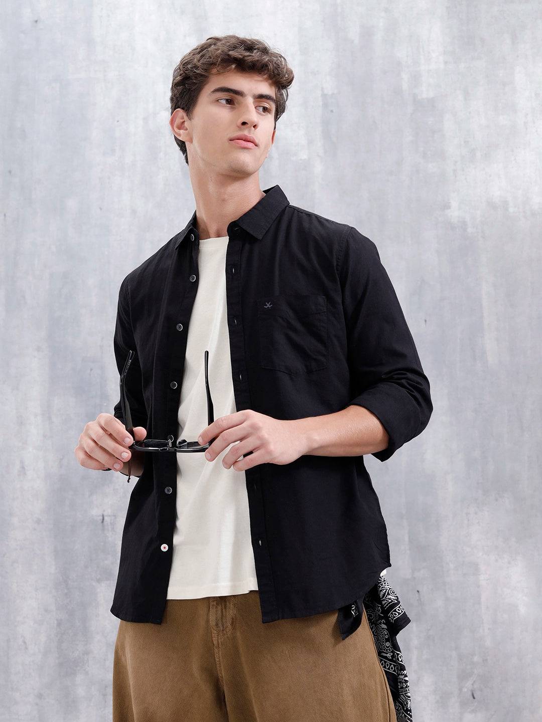 Men'S Casual Solid Patch Pocket Shirt | Black