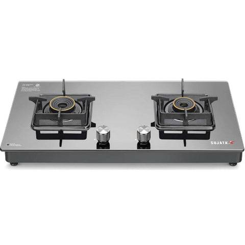 Sujata Cooktop Premium AI, 2 Burner Glass Top Auto Ignition Forged Brass Burner Gas Stove (Black) Buy at only ₹9399