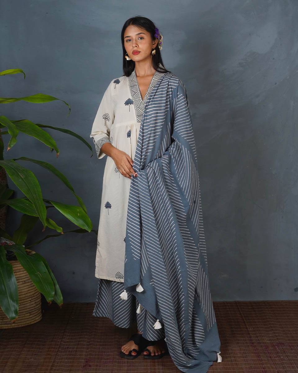 Wet Marble Grey Block Printed Dupatta - BMS