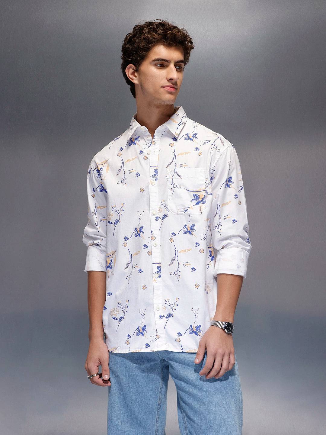 Men's Casual Floral Print Shirt  |  White