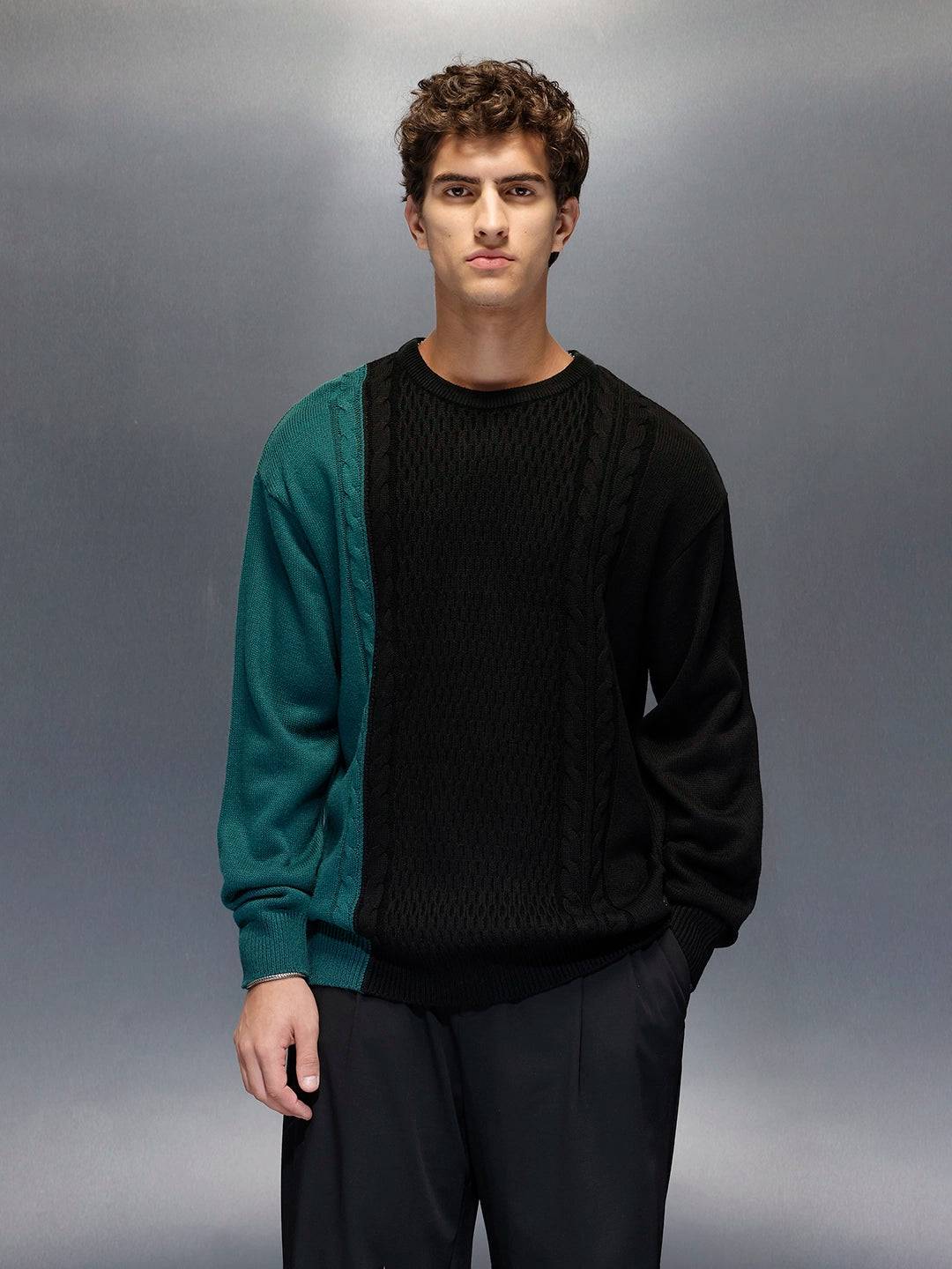 Men's Slim Fit Cable Knit Colorblocked Sweater  |  Black