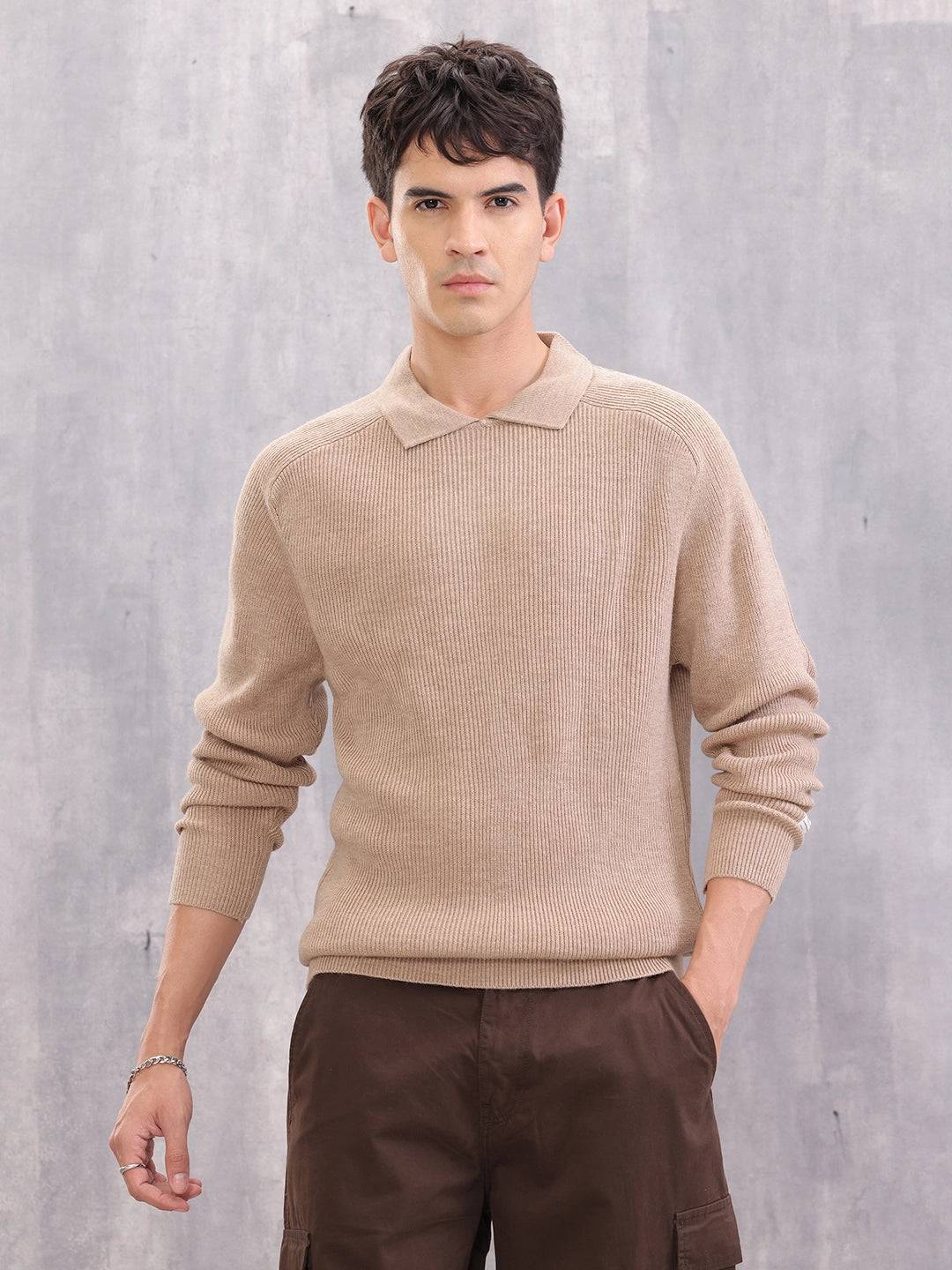 Comfort Fit Rib Sweater With Collar I Beige