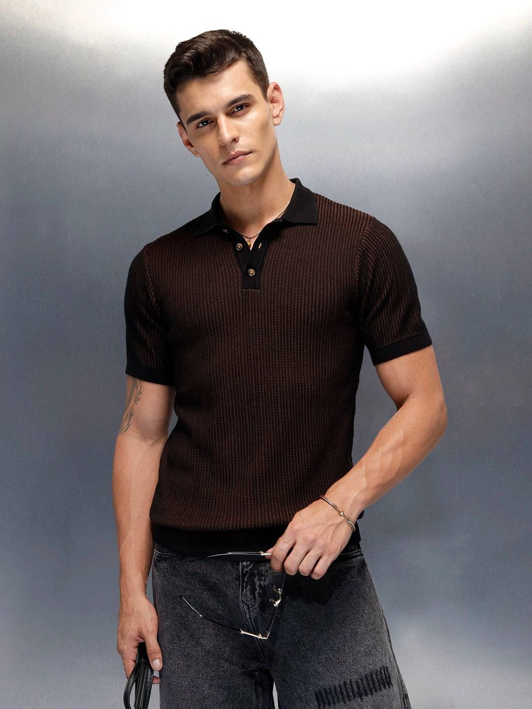 Textured Knit slim fit Polo T-shirt | Brown