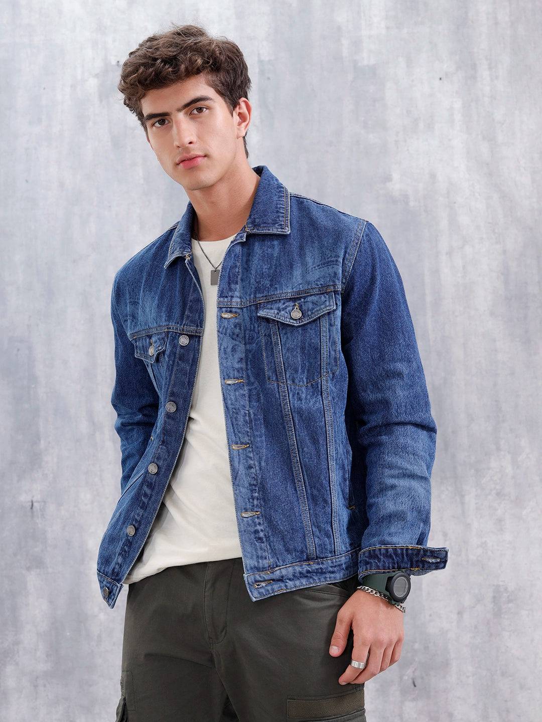 Slim Fit Laser Printed Denim Trucker | Dark Wash