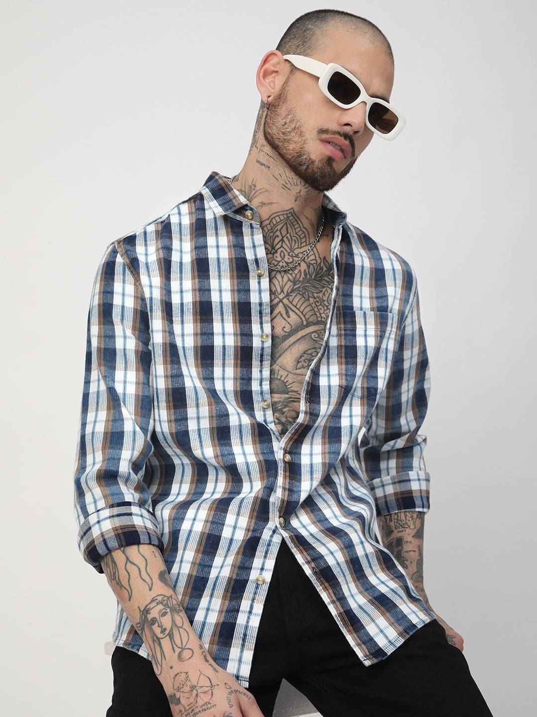 Denim White & Navy Plaid Checks Shirt Buy only at ₹759