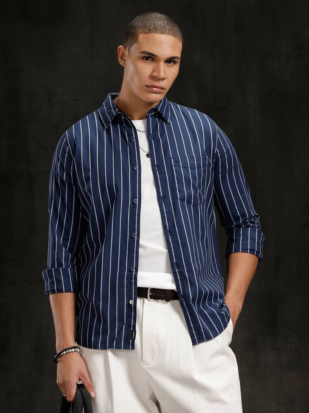 Herringbone Striped Slim Fit Shirt  | Navy Blue