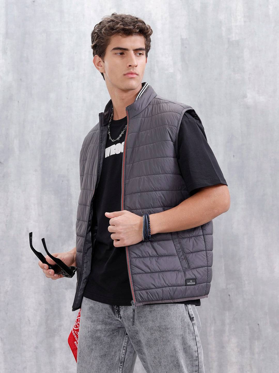 Men's Solid Casual Puffer Jacket | Grey