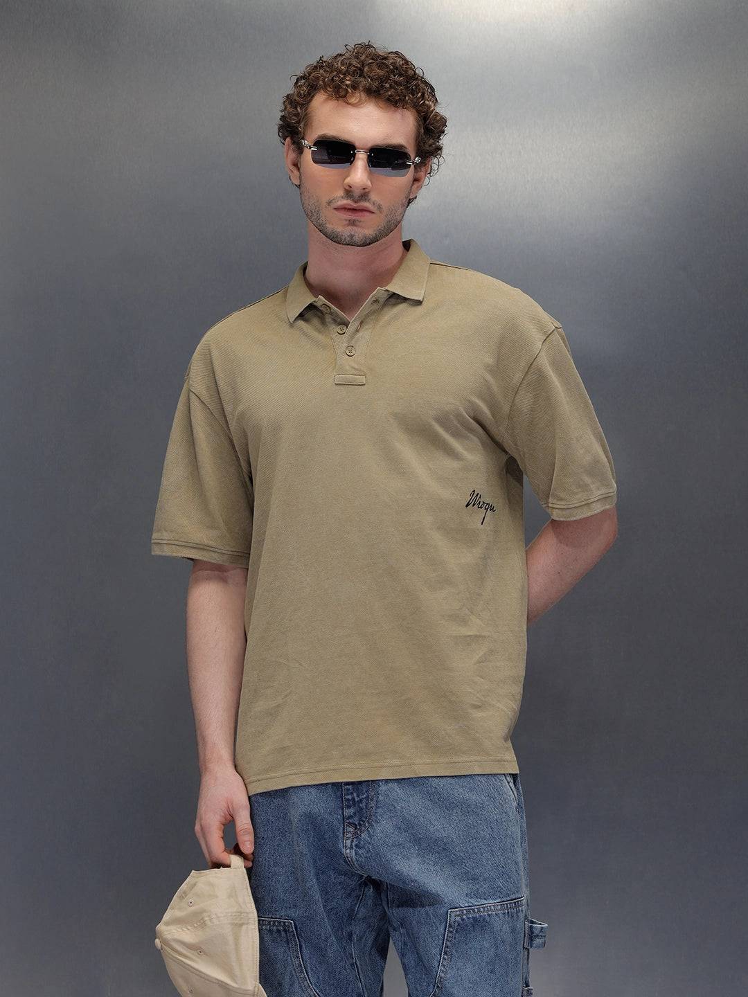 Washed Polo Neck Oversized T-Shirt With Branding | Khaki